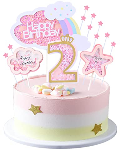 Kawailay 2 Geburtstag Tortendeko Mädchen 2st Geburtstag Kuchendeko Happy Birthday Regenbogen Cake Topper Wolken Sterne Kuchen Deckel für Mädchen Geburtstag Rosa