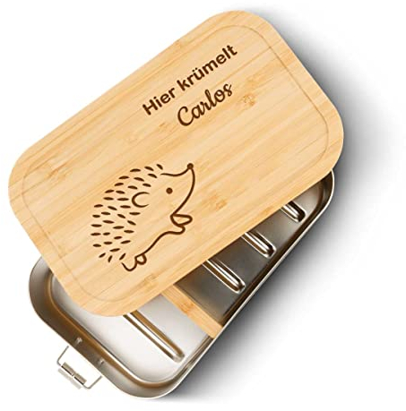 GRAVURZEILE Brotdose aus Weißblech mit graviertem Bambusdeckel - Lunchbox mit Igel Motiv - Personalisiert mit Name - Nachhaltiges Geschenk zum Schulanfang - Größe: Klein