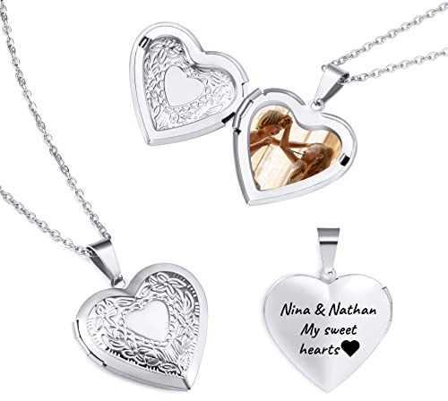 OTXIXTO Herz Medaillon Kette für Damen Personalisierte Foto Anhänger Halskette Gold/Silber/Rosegold aus Edelstahl Text Gravur Personalisierter Schmuck Geschenke für Frauen Mutter (Blume)