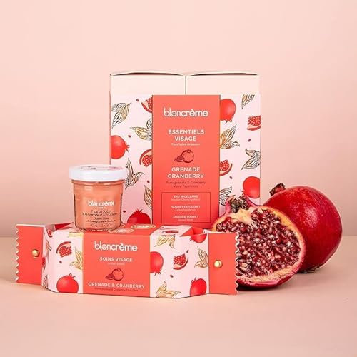 Blancrème - Coffret Cadeau 3 soins Visage Grenade Cranberry: Eau Micellaire + Exfoliant Visage + Masque visage grenade cranberry jusqu'a 99,1 % d'ingrédients d'origine naturelle- Made in France