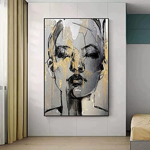 HMXQLW Abstrakte Figur Wandbilder Golden Girl Face Bilder kunstdrucke Wohnzimmer Deko,Leinwandbilder Poster und Drucke Wandkunst Schlafzimmer Rahmenlos (80x120cm)