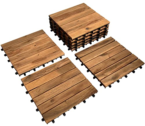 Hossi's Wholesale | Balkon Bodenbelag 30 × 30cm | Akazien goldenes Teakholz | Patio & Balkon Boden | 30 FLIESEN = 2,7m² | Terassenboden außen | Holzfliesen Balkon