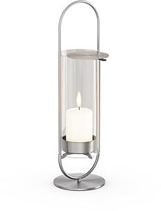 höfats - OVAL Candle 35 Silber - Windlicht zum Aufstellen oder Hängen - Kerzenständer aus Edelstahl und Glas - Kerzenhalter für Stumpenkerzen bis 10 cm - leichte Reinigung - Höhe 35 cm