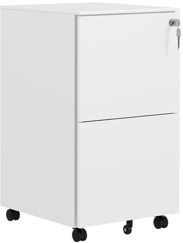 Vinsetto 2-Drawer Vertical Filing Cabinet with Lock and 5 Wheels, Steel Mobile File Cabinet, for A4, Legal and Letter Size, Pre-Assembled Body, White