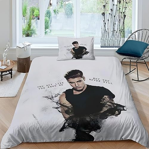 GIOSBR Justin Bieber Für Kinder Mädchen Jungen Bettbezug Set Bettwäschegarnitur 3D Gedruckter Bettwäsche Weich Microfaser Und Kissenbezüge Reissverschluss 2 Teilig Single（135x200cm）