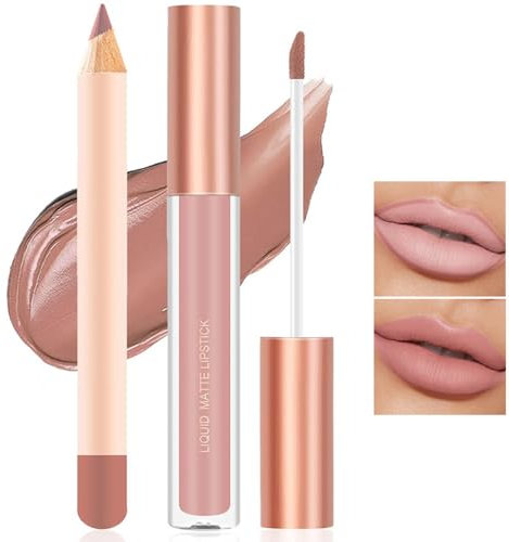 Matte Nude Lip Liner and Lipstick Makeup Set, Matte Liquid Lipstick/Nude Lip Stain High Pigment & Lipliner Pencil for Women, Smooth Makeup (01)