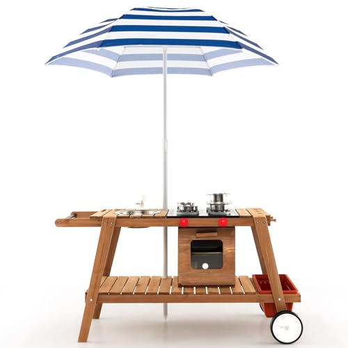 GOPLUS - Cocina al aire libre escalable de madera con ruedas, carro de cocina al aire libre para niños, sombrilla, horno, caja de almacenamiento extraíble, accesorios incluidos, juguete para 3 años+,