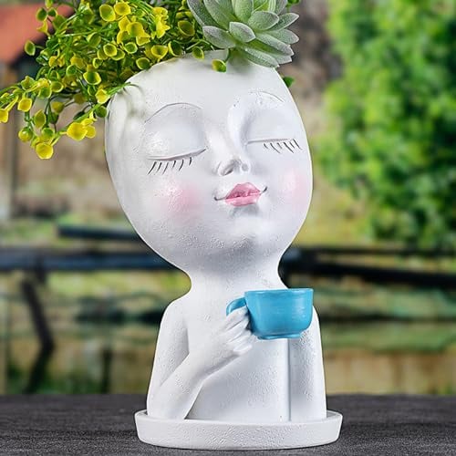 Cute Planters, Face Planter with Tray Lady Drinking Coffee Face Pots for Plants Waterproof Resin Cute Plant Pots Coffee Lady Pot Head Succulent Pots for Indoor Outdoor 4x7.8 Inch White, Pot Head