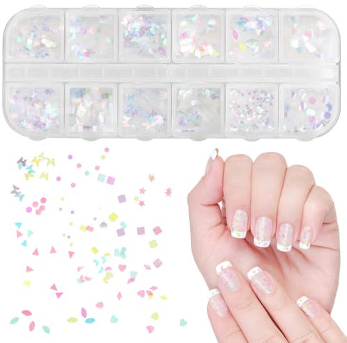 Naler Glitter Nail Art Sequins, Iridescent Manicure Flake Colorful Nails Sequins, Make Up DIY Nail Stickers Decorations for Women Girl, 12 Boxes