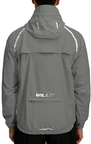 WILLIT Fahrradjacke Herren Regenjacke Wasserdicht mit Kapuze Leichte Radfahren Gear Windbreaker Atmungsaktiv Windjacke Verpackbar für Golf Radfahren Wandern Laufen Outdoor Grau L