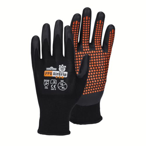 WORKPOWER– Arbeitshandschuhe Airgrip Dot für Herren – rutschfeste Handschuhe mit PPU-Beschichtung – verfügbar in den Größen 10 (Schwarz/Orange)