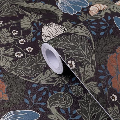 Fantasnight Self Adhesive Wallpaper Floral 44 x 300 cm, Peel and Stick Wallpaper Removable Black Blue, Flowers Contact Paper for Cabinets Furniture Bedroom Living Room