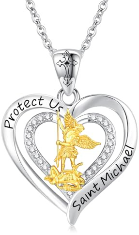 Twoowl St. Michael Halskette 925er-Sterlingsilber Herz Heiliger Erzengel Michael Erzengel schützt uns katholisches Amulett religiöser Schutz Schmuck Geschenke für Frauen Mutter