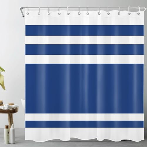 LB Bleu Marine et Blanc rayé Rideaux de Douche 180x180cm Abstrait géométrique Rideaux de Bain avec Crochets, Classique Imperméable Polyester Anti Moule Salle de Bain Décor
