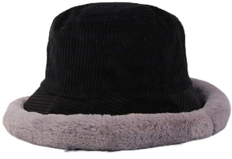 LiuliuBull Dicker, Warmer Anglerhut mit Fleecefutter for Damen – Anglerhut aus Cord mit Flacher Oberseite und breiter Krempe – verstaubarer Panamahut for den Winter(Black)