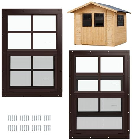 Kerty 2 Pack Shed Window, 12 W x 18 H Flush Mount Window with Tempered Glass for Sheds, Chicken Coops, Garage and Playhouse (Brown)
