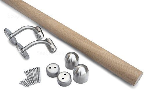 handlauf Edelstahl aussen Treppenhandlauf aus massiver Eiche mit Beschlägen aus satiniertem gebürstetem Edelstahl unlackiert und bereit zum Beschichten – einzelnes 2-Meter-Set mit gebogenen