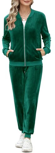Irevial Jogginganzug Damen Lang Freizeitanzug Trainingsanzug Frauen Sportanzug Fitnessanzug mit Taschen Dunkelgrün S