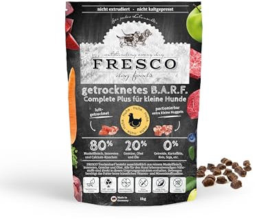 Fresco Trockenbarf Complete Plus Huhn | 1 kg | Trockenbarf für Kleine Hunde | Bestehend aus reinem Muskelfleisch, Innereien und Calcium-Knochen vom Huhn sowie Obst, Gemüse und Öl
