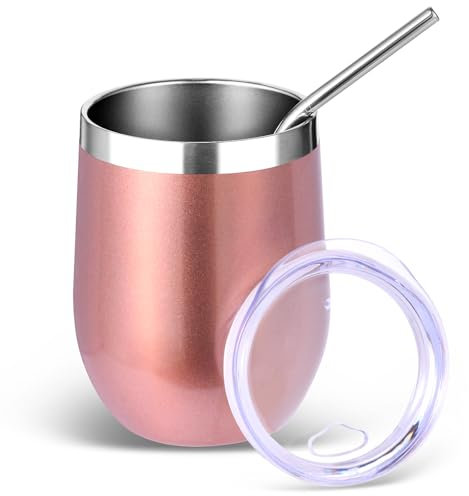 Volhoply 12oz Stainless Steel Wine Tumbler with Lid and Straw,350ml Double Wall Vacuum Insulated Stemless Wine Glasses,Travel Coffee Mug for Cold Drinks,Tumblers Gifts for Women Men(Rose Gold,1 Set)