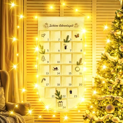 Adventskalender zum Befüllen Stoff, Isisyu 3M Lichterkette Weihnachtskalender 136 x 68cm mit 24 Groß Fächern, Lichterkettenhaken, 2025 DIY Wandkalender zum Selber Befüllen und Aufhängen
