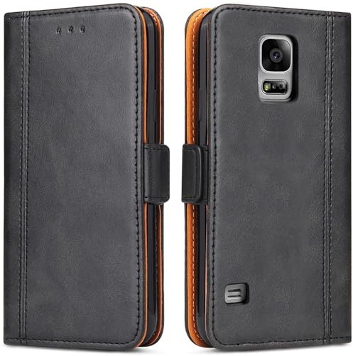 ROJIOJIO Handyhülle für Samsung Galaxy S5/ S5 Neo, Leder Handytasche Kartenfach Klappständer Magnetisch Lederhülle für Samsung Galaxy S5/ S5 Neo Hülle, Schwarz