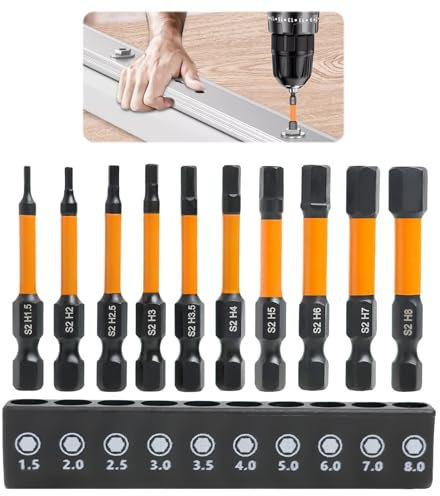 SMCEHEYA H1.5mm-H8mm Hex Drill Bit Set(10 Pcs) 50mm S2 Alloy Steel Allen Key Screwdriver Set 1/4”6.35mm Hex Shank Impact Driver Bit Set Magnetic Heads