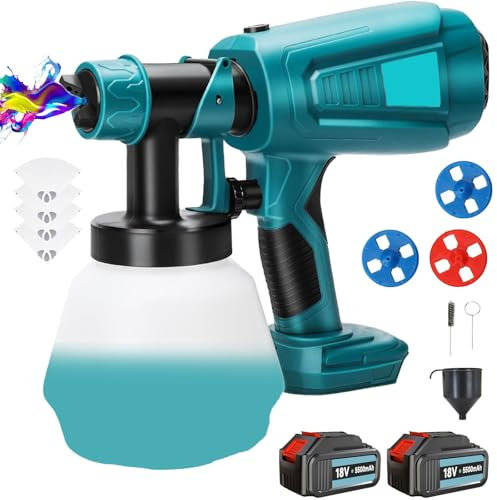 Akku Farbsprühsystem mit 2X 5,5Ah Akkus, Ersatz für 18V Makita, 600w & 1000ml Farbsprühgerät 4 Düsen (1.0/1.5/1.8/2.5mm), Elektrische Farbspritzpistole für Lackfarbe, Garten