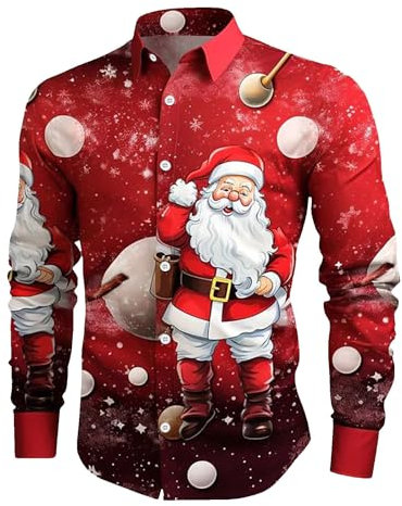 Mens Christmas Santa Digital 3D Printed Button Lapel Long Sleeve Shirt 5 8 Black