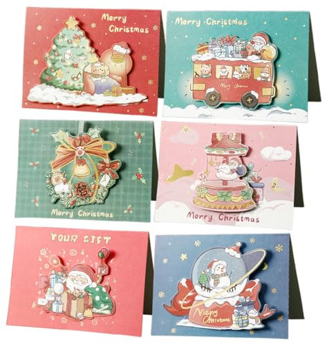 6PCS Biglietto Auguri Natale con Buste, 6 Disegni Natalizi,Biglietti Auguri di Natale, Cartoline Natale Biglietti di Auguri,Albero di Natale, Alce, Babbo, per Natale, Regalo di Natale, Capodanno