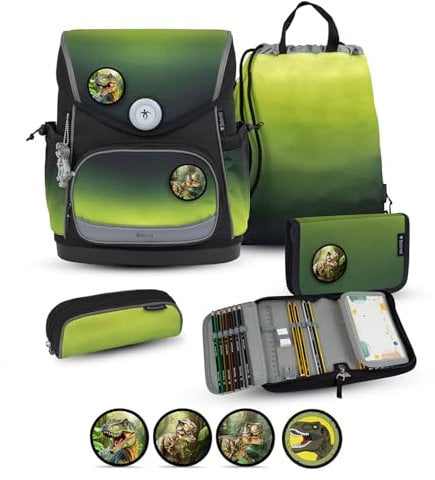 Belmil Premium Compact Plus ergonomisches Schulranzen Set 5 - teilig, AGR, Brustgurt, Hüftgurt, Magnetverschluss (405-41/P/S) (Black Green 2)