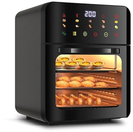 Forno friggitrice ad Aria, Mini Forno con capacità di 11 Litri, Riscaldamento Potente da 1350 W, Controlli Temperatura 70-220°, Controllo vocale Intelligente 6 in 1, Ampia Finestra Trasparente