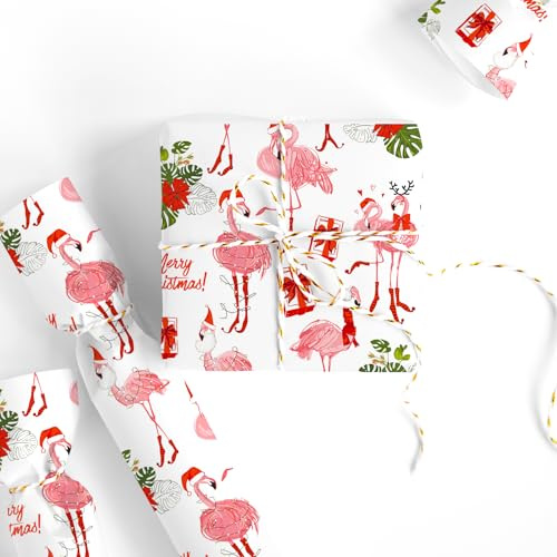 FYSUIMU Flamingo-Geschenkpapier, Mini-Rolle, 43,2 cm x 100 cm, Sommer-Weihnachtsgeschenkpapier, rosa tropisches Kunstpapier für Hochzeit, Geburtstag, Babyparty, DIY Handwerk