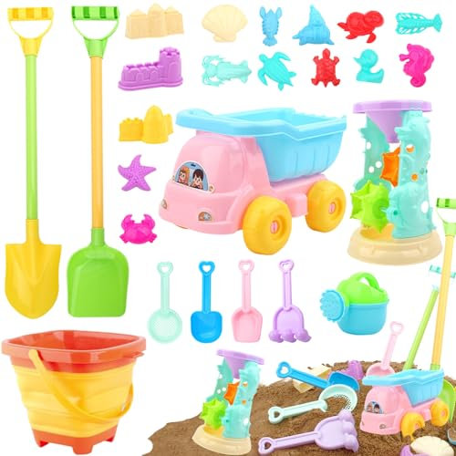 AUNGKWANG Sandspielzeug Strandspielzeug Kinder, 26 Stück Sandkasten Spielzeug mit Faltbarer Eimer, Sandförmchen, Spaten, Sanduhr, Strandbuggy, Duschkopf, Gartenspielzeug ab 2-5 Jahre Mädchen Junge