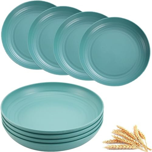 MaoMaoCha Plastic Plates Reusable Set of 4, 20 cm Unbreakable Dinner Plates, Lightweight Camping Plate for Picnic, Salad, Pasta, Party, Home, Office, Dishwasher & Microwave Safe (Dark Green)