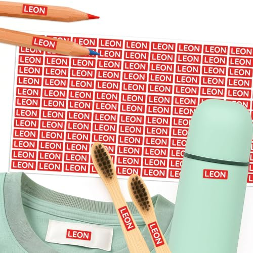 Premium Mini Namensaufkleber Rot 156 Stück Kleidung Schule Kita | 16 x 6 mm Wunschname für Waschlabel Stifte Brotdose Trinkflasche wasserfest waschmaschinenfest spülmaschinenfest