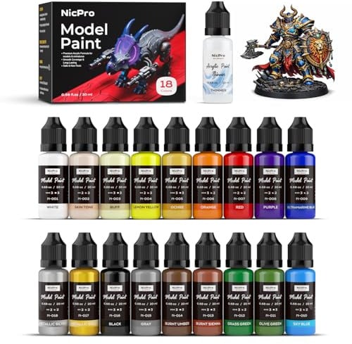 Nicpro Set de Pinturas Acrílicas Para Modelismo 18 x 20 ml, Compatibles con Pinceles y Aerógrafo, Pintura Aerografo Modelo para Principiantes y Artistas, para Maquetas, Manualidades y 20ml Diluyente
