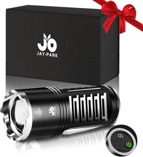 JAY-PARK 1000000 Lumens Torch LED Super Bright Rechargeable 10800mAh | High Power Torches LCD Display 5 Modes Zoomable Long Beam (3000m) IP67 Waterproof for Camping Adventure Dog Walking