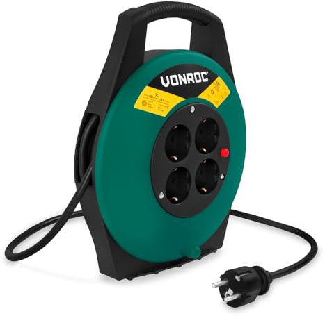 VONROC Kabeltrommel 10 m – IP20 – PVC-Kabel H05VV-F 3G1,5 mm² – 4 Schuko-Steckdosen mit Erdung – 3200 W (entrollt) / 1100 W (aufgewickelt) – Thermische Schutzschaltung