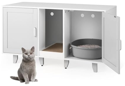 SOARS Katzentoilette mit 2 Türen, Katzenschrank aus Holz mit zentralem Eingang und Kratzbaum, Mehrzweck-Höhle für Wohnzimmer und Schlafzimmer, 120 x 52 x 65 cm (Grau)