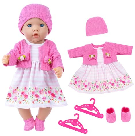 WanderGo Baby Puppen Puppenkleidung 35-43 cm, 6-teiliges Outfit mit Rosa Strickjacke + Rock mit Blumenmuster + Socken + Mützen + 2 Kleiderbügel, Babypuppe Kleidung für 14-18 Zoll Puppen(Ohne Puppe)