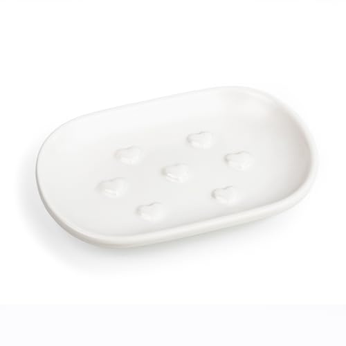 HILLSPRING Seifenschale Keramik, Oval, weiß, 13 x 9 cm | Seifenhalter mit charmanten Herz-Erhöhungen, Deko-Seifenschale für Badezimmer, Küchenspüle, Waschtisch