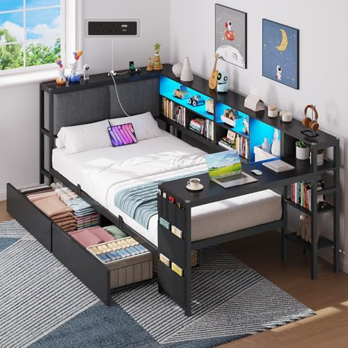 3ft Single Bed with Storage, 2 Drawers & Study Desk, Single Bed Frame with Upholstered Headboard and Charging Station (2 AC Sockets 2 USB Ports), LED Lights, Reversible Left/Right Hand Assembly, Black