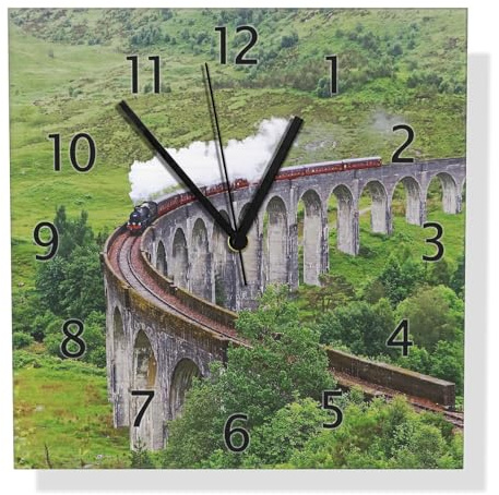 Wallario Design Wanduhr Dampfzug auf Viadukt aus Aluverbund, Alu-Uhr Größe 30 x 30 cm, Schwarze Zeiger mit Metalloptik