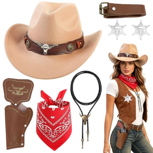 WFKKMEQ Cowboy Kostüm Set, 7PCS Western Cowboy Zubehör Set Cowboys Outfits Cosplays Fancy Dress mit Cowboyhüte Holster Gürtel Bandana Halskette Abzeichen für Karneval Cosplay