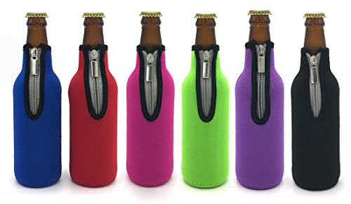 Wommty Lot de 6 en Néoprène Fermeture Éclair Bière Refroidisseurs Coolies Isolant Bouteille de Bière Koozies Support pour Bar, Fête d'anniversaire, les Pique-niques, les Activités de Plein air, 330 ml