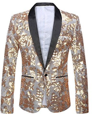 PYJTRL Herrenmode Samt Pailletten Blumenmuster Anzugjacke Blazer (3XL, Gold)