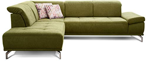 Cavadore Ecksofa Carly mit Federkern, Sitztiefe und Kopfstütze verstellbar im Design, 273 x 81 x 234, Webstoff grün