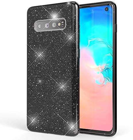 NALIA Hülle kompatibel mit Samsung Galaxy S10, Glitzer Handyhülle Ultra-Slim Silikon-Case Back-Cover Schutzhülle, Glitter Sparkle Handy-Tasche Bumper Dünnes Bling Strass Etui Schutz, Farbe:Schwarz