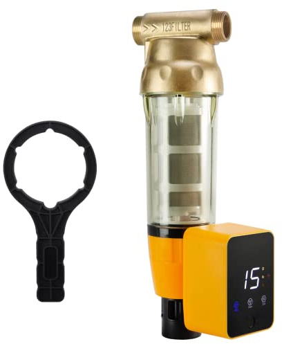 iSpring WSP100ARB Spin Down Sediment Water Filter, Reusable with Touch-Screen Auto Flushing Module and Built-in Housing Scraper, Brass Top Clear Housing, 100 Micron